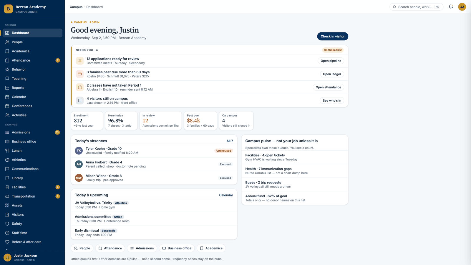Campus dashboard: greeting, Needs you queues, enrollment and attendance pulse